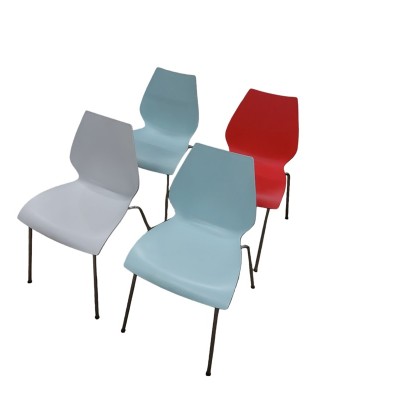 Kartell Maui set of 4, pale blue, light grey & red stacking chairs, ex display